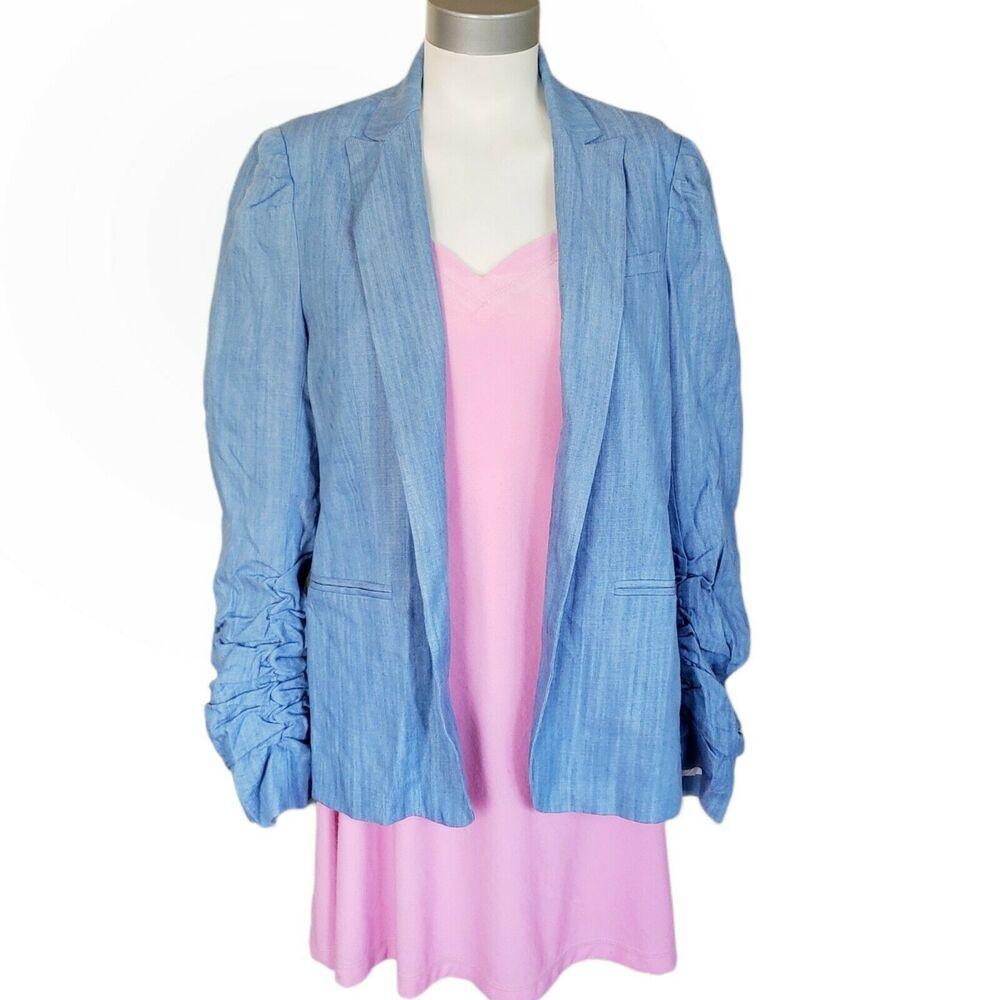GENERATION LOVE Juniper blue open front blazer ruched sleeve jacket Size L NEW